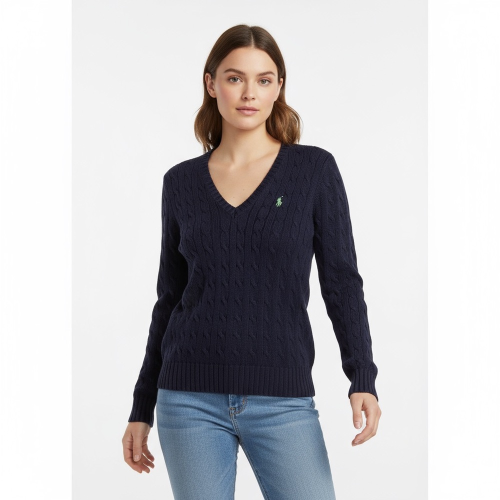 Polo by Ralph Lauren Navy Cable V-Neck Sweater with Green Logo